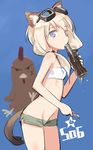  animal_ears blonde_hair blue_eyes bottle carla_j_luksic covered_nipples goggles goggles_on_head grey_shorts long_hair looking_at_viewer lowres noble_witches shimada_fumikane short_shorts shorts simple_background sketch soda solo strapless tail tubetop white_tubetop world_witches_series 