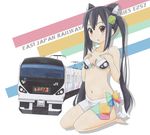  animal_ears bikini black_hair brown_eyes cat_ears ground_vehicle hair_ornament japan_railways k-on! long_hair nakano_azusa navel object_namesake print_sarong sarong shirohebidou solo swimsuit train twintails white_sarong 