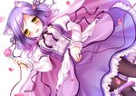  :d animal_ears bow cape cat_ears dutch_angle flower hair_bow hair_ribbon holding looking_at_viewer open_mouth original petals purple_hair ribbon rose shitou smile solo wind yellow_eyes 