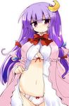  bow bow_panties bra breasts crescent crescent_hair_ornament dress_shirt hair_ornament hair_ribbon highres large_breasts long_hair looking_at_viewer navel no_hat no_headwear open_clothes panties patchouli_knowledge purple_eyes purple_hair ribbon shirogane_(platinum) shirt simple_background solo touhou underwear white_background white_bra white_panties 