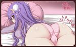  alternate_costume alternate_hairstyle ass blush bun_cover cover crescent crescent_hair_ornament double_bun hair_ornament highres jema long_hair looking_back lying no_hat no_headwear no_pants on_stomach panties patchouli_knowledge pillow pillow_hug pink_panties purple_eyes purple_hair ribbed_sweater solo sweater touhou underwear 