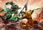  2girls armband armor battle blade blood brothers closed_eyes duel gauntlets green_hair highres hug league_of_legends long_hair multiple_boys multiple_girls nam_(valckiry) nasus open_mouth protecting red_eyes red_hair renekton rivalry short_hair siblings spikes staff sword tail tears teeth torn_clothes weapon yellow_eyes 