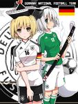  adidas armband ball blonde_hair blush clothes_writing crescent flower fujii_jun german_flag germany green_eyes hairband hat katana konpaku_youmu looking_at_viewer lunasa_prismriver multiple_girls river short_hair smile soccer soccer_ball soccer_uniform sportswear sword tango_(soccer_ball) touhou weapon white_hair yellow_eyes 