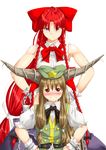  blonde_hair blue_eyes blush braid chain cosplay costume_switch expressive_clothes hat highres hong_meiling hong_meiling_(cosplay) horns ibuki_suika ibuki_suika_(cosplay) long_hair multiple_girls niwatazumi red_eyes red_hair touhou twin_braids very_long_hair 