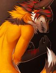  angry canine ear_piercing falvie fox fur mammal nude orange_fur piercing standing stripes teeth 