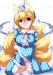  animal_ears blonde_hair blue_dress blush breasts cosplay dress fox_ears fox_tail hat kneeling large_breasts long_sleeves merry_(diameri) multiple_tails open_clothes open_dress open_mouth saigyouji_yuyuko saigyouji_yuyuko_(cosplay) short_hair solo tail touhou wide_sleeves yakumo_ran yellow_eyes 