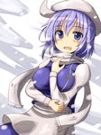  apron blue_eyes blue_hair blush breasts hat large_breasts letty_whiterock long_sleeves mashayuki open_mouth scarf short_hair skirt smile snow solo touhou 