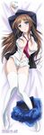  absurdres accel_world arms_up bed_sheet between_breasts blazer blue_eyes blush breasts breasts_apart brown_hair copyright_name dakimakura full_body highres jacket jpeg_artifacts kurasaki_fuuko large_breasts legs long_hair looking_at_viewer loose_necktie lying navel necktie necktie_between_breasts no_bra no_shoes official_art on_back open_clothes open_jacket open_shirt panties plaid plaid_skirt pleated_skirt school_uniform shirt side-tie_panties skirt skirt_around_ankles skirt_around_one_leg solo thighhighs thighs unbuttoned underwear white_legwear 
