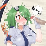  blush breasts censored cum eye_patch eyepatch facial gloves green_hair hair_over_one_eye necktie otonashi_kiruko penis shinmai_fukei_kiruko-san sword weapon yellow_eyes 