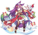  1girl animal_ears arm_up azur_lane bell black_legwear blush bow breasts christmas_wreath cleavage closed_mouth eyebrows_visible_through_hair fox_ears green_bow hat hat_removed headwear_removed large_breasts long_hair looking_at_viewer official_art pantyhose purple_eyes purple_hair santa_hat smile smug solo tail transparent_background urakaze_(azur_lane) utm very_long_hair wreath 
