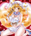  apron at_classics bare_legs blonde_hair bowl breasts brown_eyes chocolate chocolate_on_face food food_on_face fox_tail hat heart large_breasts light_smile multiple_tails naked_apron sample solo tail touhou traditional_media yakumo_ran 