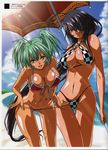  2girls absurdres adjusting_clothes adjusting_swimsuit ahoge beach bikini black_hair blue_eyes breasts checkered checkered_bikini cleavage cloud dark_skin front-tie_top green_eyes green_hair hair_over_one_eye highres ikkitousen ikkitousen_eloquent_fist kan&#039;u_unchou kan'u_unchou large_breasts leaning_forward long_hair mound_of_venus multiple_girls ocean ryofu_housen sky swimsuit swimsuit_pull tan tanline twintails umbrella very_long_hair 