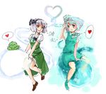  collaboration dress dual_persona green_eyes hair_ribbon hairband heart konpaku_youmu konpaku_youmu_(ghost) multiple_girls oekaki pas_(paxiti) red_eyes ribbon riding short_hair shorts silver_hair smile spoken_heart touhou yuni_(manyutin) 