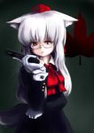  alternate_hair_length alternate_hairstyle animal_ears ascot bespectacled cosplay glasses gloves gun hat hellsing highres integra_hellsing integra_hellsing_(cosplay) inubashiri_momiji leaf long_hair maple_leaf open_mouth red_eyes solo tail tokin_hat touhou tsubasa_(abchipika) weapon white_gloves white_hair wolf_ears wolf_tail 