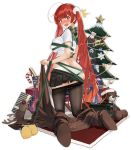  1girl absurdly_long_hair ass azur_lane bell black_legwear black_skirt blush bow candy candy_cane christmas christmas_tree eyebrows_visible_through_hair food full-face_blush full_body green_bow green_ribbon honolulu_(azur_lane) kneeling long_hair looking_at_viewer merry_christmas mole mole_under_eye mr_cloud official_art open_mouth panties pantyhose pantyhose_pull red_eyes red_hair ribbon skirt snowflakes solo stuffed_animal stuffed_toy teddy_bear translation_request transparent_background twintails underwear very_long_hair white_panties 
