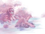  bathing breasts feline female hair harag hot_spring long_hair looking_at_viewer mammal nipples pink_theme solo water 