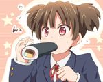  blazer brown_hair eating ehoumaki flying_sweatdrops food jacket k-on! makizushi red_eyes riai_(onsen) sakuragaoka_high_school_uniform school_uniform setsubun short_hair short_twintails sushi suzuki_jun twintails 