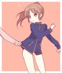  atarashi_ako bare_legs blush bottomless brown_eyes brown_hair jacket long_hair long_sleeves multiple_girls naked_track_jacket no_panties no_pants ponytail red_eyes saki saki_achiga-hen shirt_tug sweater takakamo_shizuno tokumi_yuiko track_jacket 