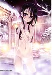  bare_tree black_hair censored convenient_censoring flat_chest hair_over_breasts hand_on_own_neck highres long_hair matsuryuu navel nipples nude onsen original outdoors parted_lips purple_eyes scan snow snowing solo steam steam_censor tree wading water wet 