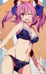  absurdres animal_ears blue_bra blue_panties bow bow_bra bow_panties bra breasts brown_eyes character_name fate/extra fate_(series) fox_ears fox_tail groin highres medium_breasts morii_shizuki navel one_eye_closed panties panty_pull purple_hair solo source_request tail tamamo_(fate)_(all) tamamo_no_mae_(fate) underwear underwear_only 