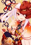  bad_id bad_pixiv_id bell chiyomatsu cup fang floral_print flower goma_(11zihisin) hexagon horn japanese_clothes kimono long_hair mask original petals red_eyes sakazuki smile solo white_hair 