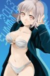  1girl bangs black_jacket blue_background breasts cleavage collarbone commentary_request danganronpa dated eyebrows_visible_through_hair feet_out_of_frame flipped_hair grey_hair hair_ornament hairclip hand_in_hair hood hoodie jacket large_breasts light_brown_eyes looking_at_viewer mole mole_on_breast nanami_chiaki navel open_mouth short_hair simple_background solo super_danganronpa_2 suzuka_(rekkyo) swimsuit 