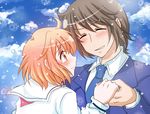  1girl bad_id bad_pixiv_id blush brown_hair closed_eyes couple hetero holding_hands kotoura-san kotoura_haruka manabe_yoshihisa necktie orange_eyes orange_hair school_uniform serafuku short_hair tears 