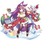  1girl animal_ears arm_up azur_lane bell black_legwear blush bow breasts christmas_wreath cleavage closed_mouth eyebrows_visible_through_hair feet fox_ears green_bow hat hat_removed headwear_removed large_breasts long_hair looking_at_viewer official_art pantyhose purple_eyes purple_hair santa_hat smile smug solo tail toeless_legwear toes transparent_background urakaze_(azur_lane) utm very_long_hair wreath 
