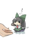 :3 black_hair blush_stickers bow cape chibi goma_(gomasamune) hair_bow long_hair minigirl open_mouth outstretched_arms ponytail reiuji_utsuho skirt smile solid_oval_eyes solo third_eye touhou unyu wings 