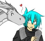  &lt;3 alpha_channel annoyed blue_hair cjwolf207 cyan_eyes cyan_hair dragon female grey_hair hair horn human interspecies kissing lady_nora male mammal scarf straight trace_legacy twokinds 