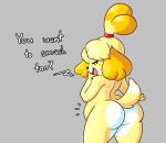  2018 animal_crossing anthro butt butt_focus canine digital_drawing_(artwork) digital_media_(artwork) dog female fur grey_background iamaneagle_(artist) isabelle_(animal_crossing) looking_at_viewer mammal nintendo nude open_mouth pregnant shih_tzu short_stack simple_background smile solo standing video_games white_fur yellow_fur 