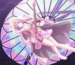  barefoot bass_guitar blue_eyes bow cross habit hadi hair_bow highres instrument jewelry long_hair necklace nun original pink_hair robe skirt solo stained_glass star_(sky) twintails 