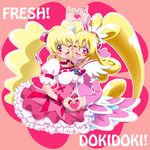  ;d aida_mana arm_warmers asymmetrical_docking big_hair blonde_hair bow breast_press choker color_connection copyright_name corset cure_heart cure_peach curly_hair dokidoki!_precure don_(748826) earrings eyelashes fresh_precure! hair_ornament hairpin half_updo heart heart_hair_ornament heart_hands heart_hands_duo jewelry long_hair look-alike magical_girl momozono_love multiple_girls one_eye_closed open_mouth pink_background pink_bow pink_choker pink_eyes pink_sleeves ponytail precure puffy_sleeves ribbon smile symmetry twintails wrist_cuffs 