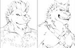  black_and_white canine chest_tuft clenched_teeth ear_piercing fangs frown fur grin hair hyena line_art male mammal monochrome muscles nipples pecs piercing plain_background sketch smile spots teeth tuft white_background wolf 