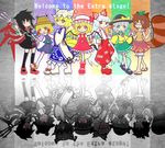  animal_ears arms_behind_back asymmetrical_wings black_dress black_hair blonde_hair bloomers blouse boots bottle brown_eyes brown_hair different_reflection dress english fire flandre_scarlet fox_tail frown fujiwara_no_mokou full_body futatsuiwa_mamizou geta glasses glowing glowing_eyes green_eyes green_hair hair_ribbon hand_in_pocket hands_in_opposite_sleeves hat hat_ribbon heart houjuu_nue index_finger_raised kawamochi_(mocchii) kneehighs komeiji_koishi leaf leaf_on_head long_hair long_sleeves looking_at_viewer mary_janes mob_cap moriya_suwako multiple_girls multiple_tails ofuda open_mouth parody pince-nez polearm puyopuyo puyopuyo_fever raccoon_ears raccoon_tail red_eyes reflection ribbon shoes short_hair short_sleeves skirt smile snake stage_connection striped striped_background style_parody suspenders tabard tail thighhighs third_eye touhou trident underwear very_long_hair vest weapon white_dress white_hair wings yakumo_ran yellow_eyes 