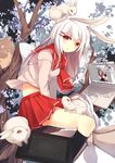  :&lt; animal_ears bunny bunny_ears computer hair_ornament hairclip in_tree kneehighs laptop long_hair original rain_lan recursion red_eyes school_uniform serafuku sitting sitting_in_tree sketch skirt solo tablet tree white_hair 