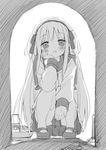  backpack bag blush bottle commentary_request greyscale hair_ribbon hand_on_own_cheek hat jpeg_artifacts mary_janes monochrome open_mouth original outstretched_hand peko randoseru ribbon school_uniform serafuku shimotsuki_potofu shoes sketch skirt smile solo thighhighs two_side_up 