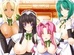  4girls ^_^ aqua_hair black_hair blonde_hair blue_eyes blush breasts breasts_outside cd_bros dark_skin eyes_closed female game_cg green_eyes looking_at_viewer maid_headdress multiple_girls nipples nitta_cocoa pink_hair purple_eyes pururun_cafe sumeragi_kohaku takahara_mitsuki takeuchi_narumi tongue tongue_out trabulance uesugi_yayoi waitress 