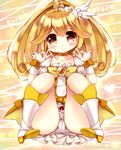  3: blonde_hair blush boots bow bow_panties cameltoe character_name choker collarbone cure_peace dearoliha double_v hair_between_eyes hair_flaps hair_ornament heart highres kise_yayoi long_hair magical_girl panties ponytail precure sitting skirt smile_precure! solo spark spread_legs tears underwear v white_panties wrist_cuffs yellow yellow_bow yellow_eyes 