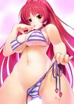  absurdres bikini breasts crotch finger_to_mouth from_below highres imaoka kousaka_tamaki large_breasts long_hair looking_at_viewer naughty_face navel red_hair side-tie_bikini simple_background solo striped striped_bikini swimsuit to_heart_2 underboob untied untied_bikini yellow_eyes 
