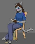  2018 absurd_res anthro blush book breasts cat chair clothed clothing feline female frmcast351 hi_res lucy_(ἡ&mu;έ&rho;&alpha;) mammal peeing reading sitting solo urine watersports wetting 