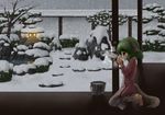  animal_ears arinu bare_tree barefoot breath breathing_on_hands bucket bush cold dress from_side garden green_eyes green_hair highres kasodani_kyouko kneeling pond profile rock short_hair snow snowing solo stone_lantern tail touhou towel tree veranda 