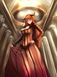  bad_id bad_pixiv_id banned_artist breasts cleavage colonnade column dress from_below fur_trim hand_on_hip highres horns large_breasts long_hair long_sleeves maou_(maoyuu) maoyuu_maou_yuusha pillar red_eyes red_hair skirt_hold smile solo standing yazuwo 