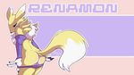  blue_eyes breasts butt canine chest_tuft digimon facial_markings female fluffy_tail fox fur invalid_tag looking_back mammal markings mingchee nipples panty_pull renamon side_boob solo tuft wallpaper white_fur yellow_fur 