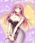  2013 animal_ears bow bowtie breasts bunny_ears bunny_tail bunnysuit cleavage detached_collar english fishnet_pantyhose fishnets glasses heart kuroda_akimi large_breasts original pantyhose pink_hair red_eyes smile solo sparkle tail wrist_cuffs 