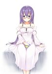  blush detached_sleeves dress gj-bu glasses haru_(matatabi_sanjou) highres long_hair looking_at_viewer pocketbook puffy_sleeves purple_eyes purple_hair sitting smile solo sumeragi_shion white_dress wide_sleeves 