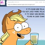  apple_juice applejack_(mlp) applejuice ask_jappleack blonde_hair cowboy_hat cup dialog english_text equine eyewear female feral freckles friendship_is_magic fruit glass glasses hair hat horse hotdiggedydemon long_hair mammal my_little_pony ned_flanders open_mouth pony ponytail solo teeth text the_simpsons tumblr 