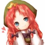  amanojaku bad_id bad_pixiv_id bandaid bandaid_on_face blue_eyes bow braid hair_bow hat head_tilt heart highres hong_meiling long_hair looking_at_viewer red_hair simple_background smile solo star touhou twin_braids upper_body vest white_background 
