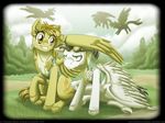  badge black_hair brown_eyes bush equine eyewear female feral flying friendship_is_magic goggles green_hair hair horse inuhoshi-to-darkpen male mammal monochrome my_little_pony orange_hair outside pegasus pony sepia skinsuit soarin_(mlp) spitfire_(mlp) tree wings wonderbolts_(mlp) 