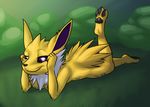  breasts eeveelution female fur grass jolteon looking_at_viewer lying nintendo nude pheonixbat pok&#233;mon pok&#233;morph pok&eacute;mon pok&eacute;morph smile solo tasteful_nudity video_games yellow_fur 